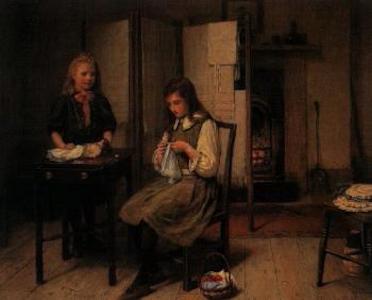Two small girls with doll and sewing in interior by Harry Brooker