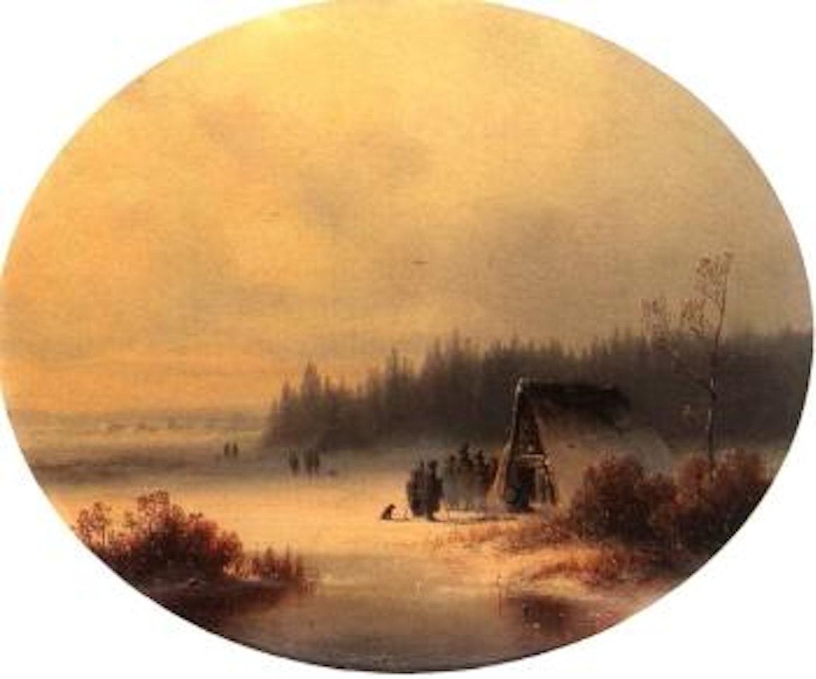 Winter landscape with peasants before hut by Anton Doll