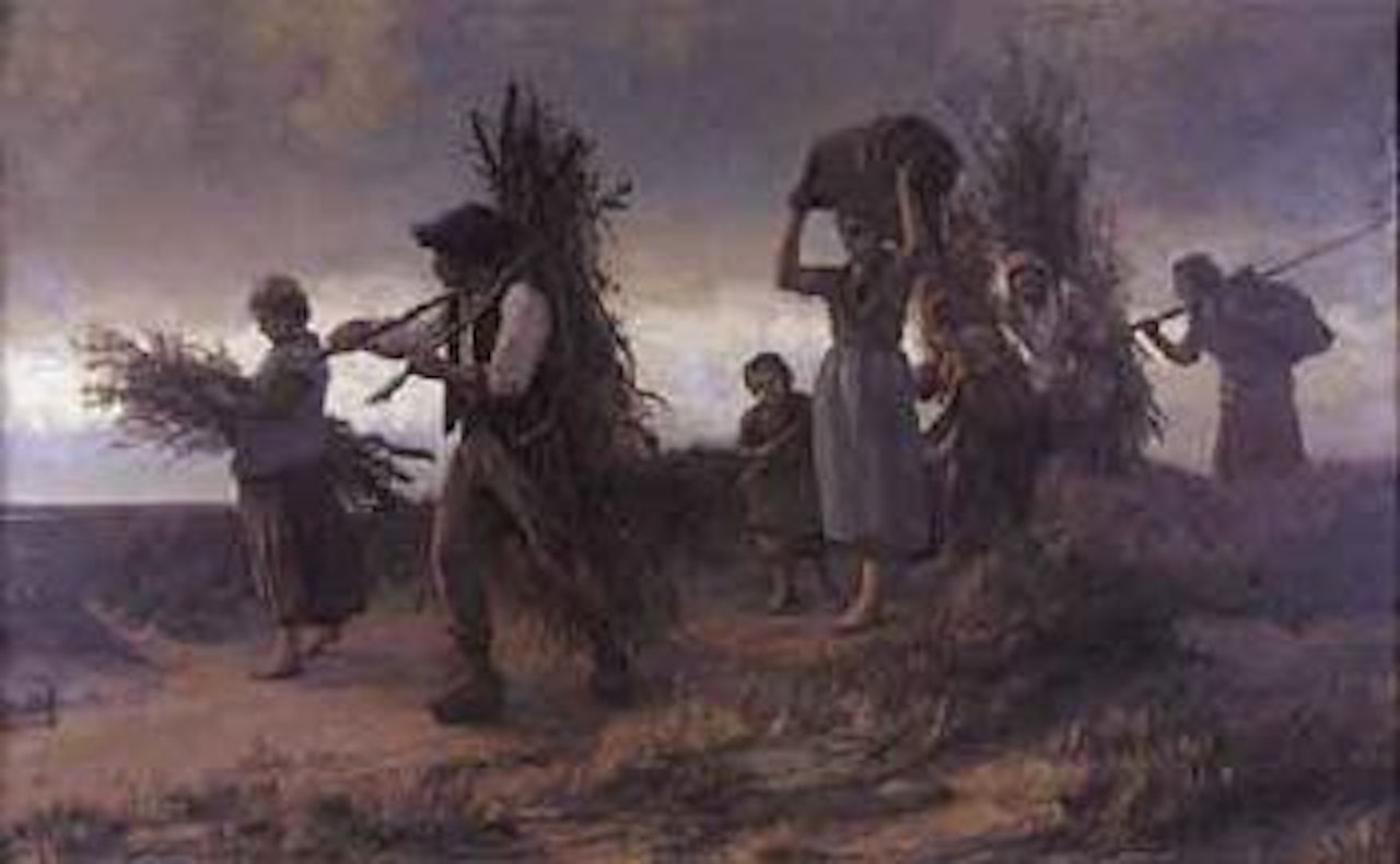 Peasants collecting wood by French School