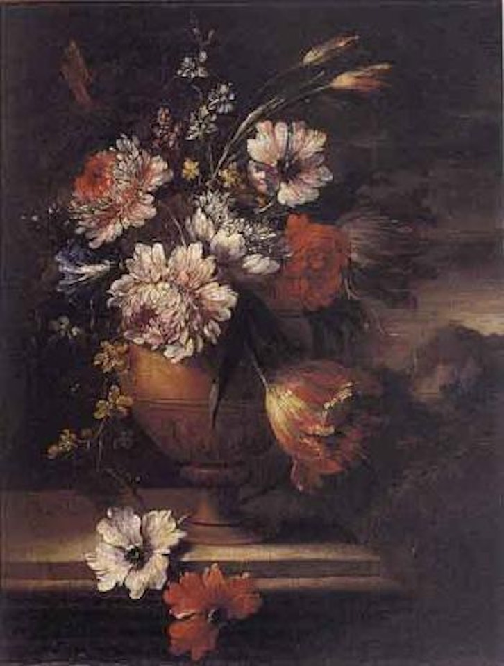 Vase with flowers in mountainous landscape by Italian School