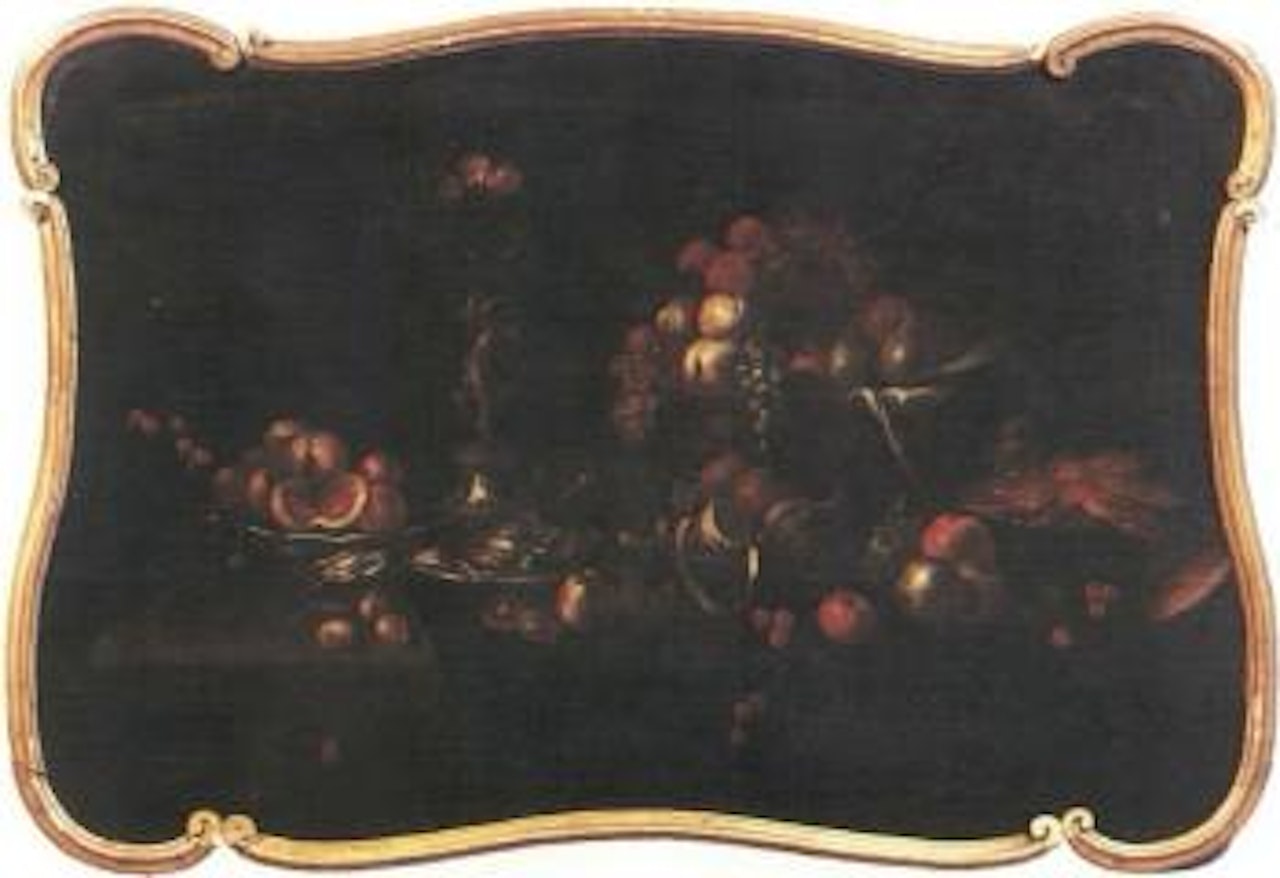 Still life with seafood on silver platter, apples, grapes, cherries by Dutch School