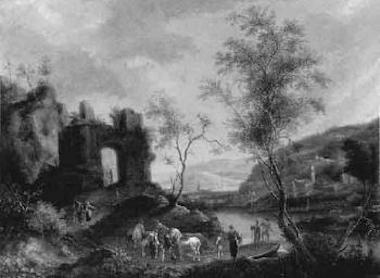 River landscape with ruins and boat by German School