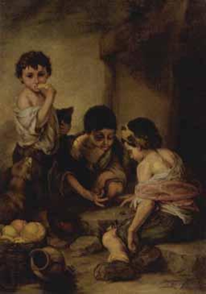 Boys playing dice by tree in landscape by Bartolomé Esteban Murillo