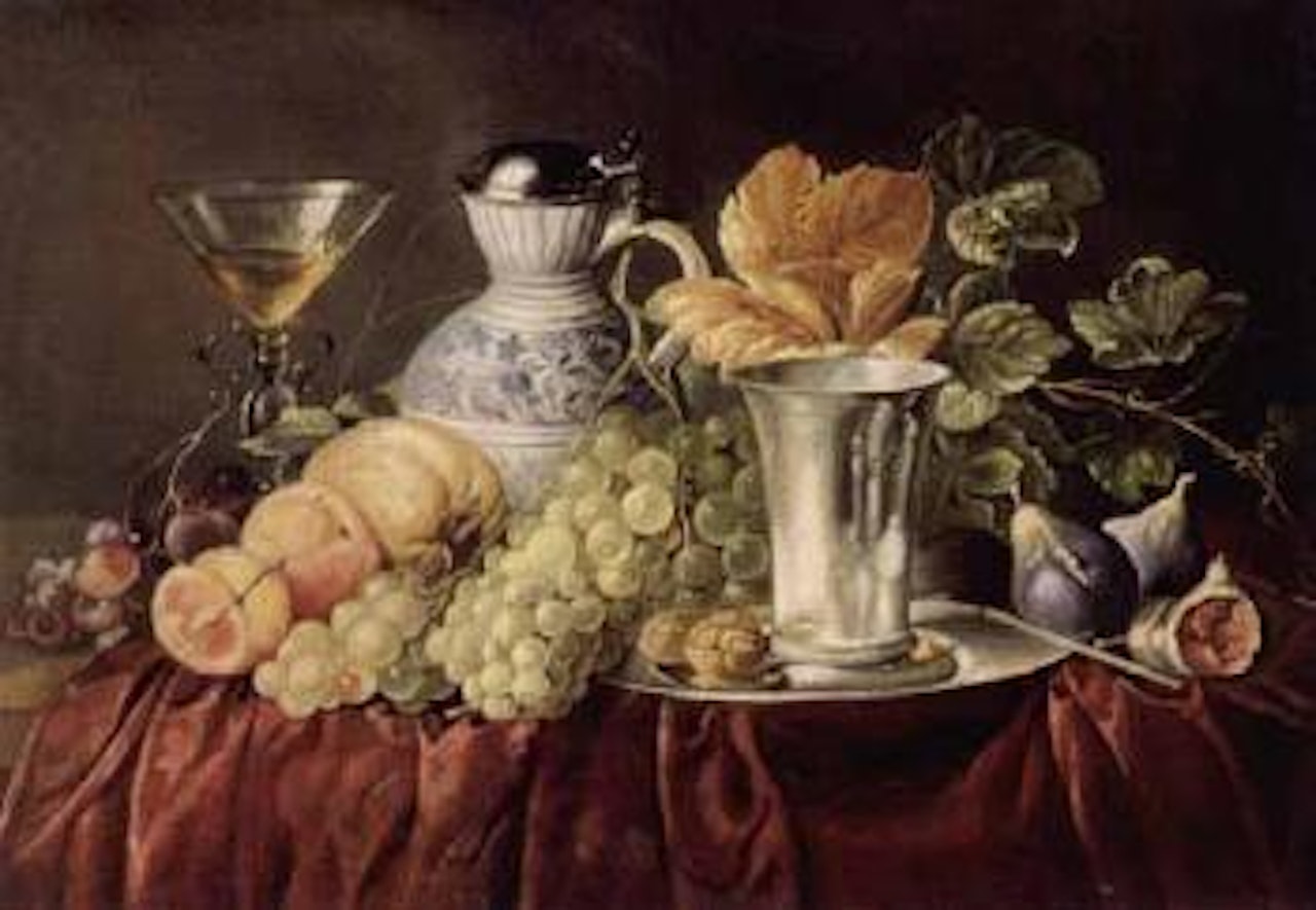 Still life with walnuts, beaker, pewter plate, grapes and peaches by Jan Davidsz de Heem