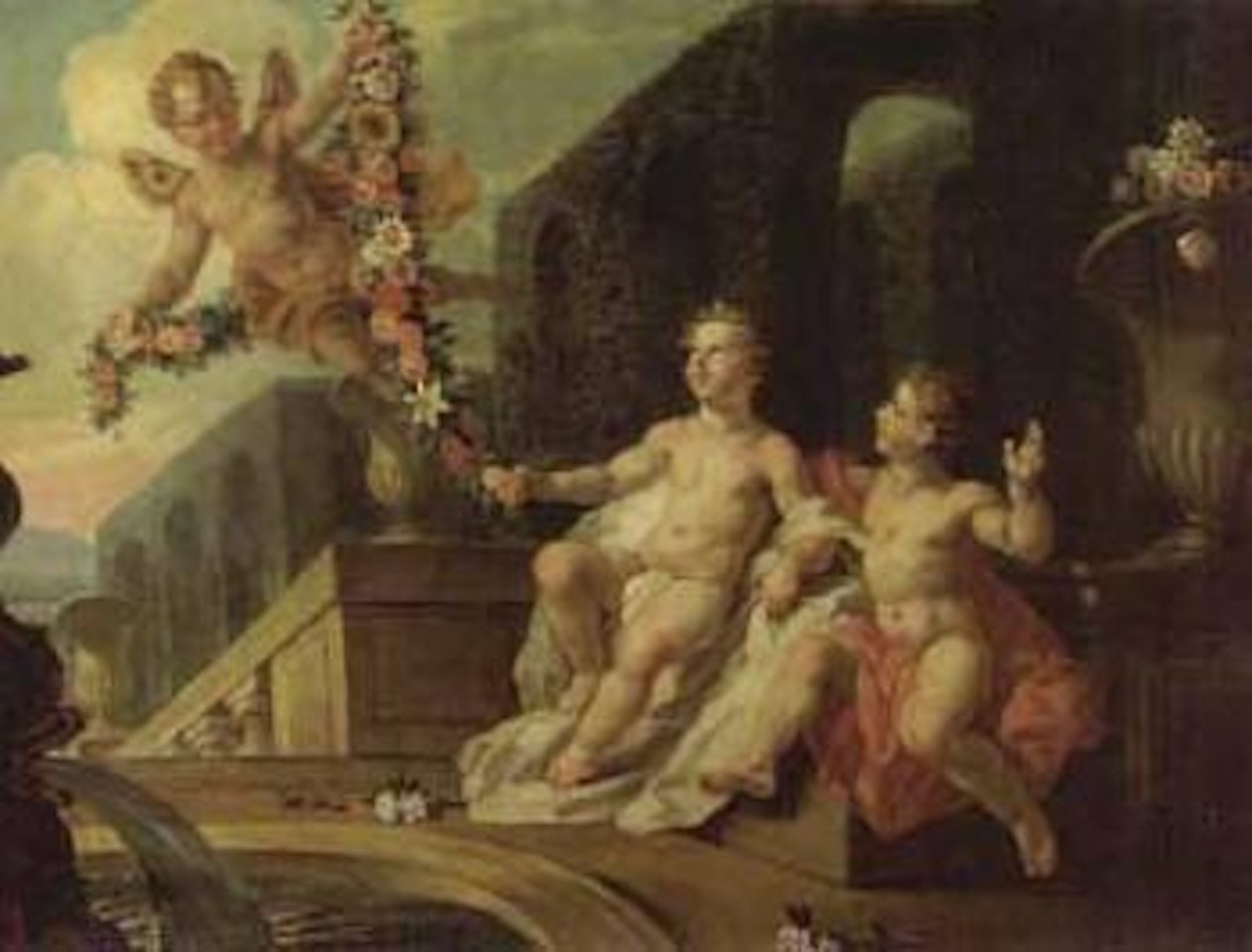 Putti desporting by fountain in classical garden by Dutch School