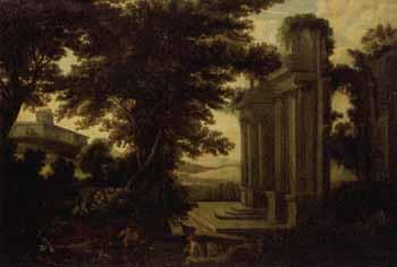 Shepherds by classical ruin in Italianate landscape by Jacob Philipp Hackert