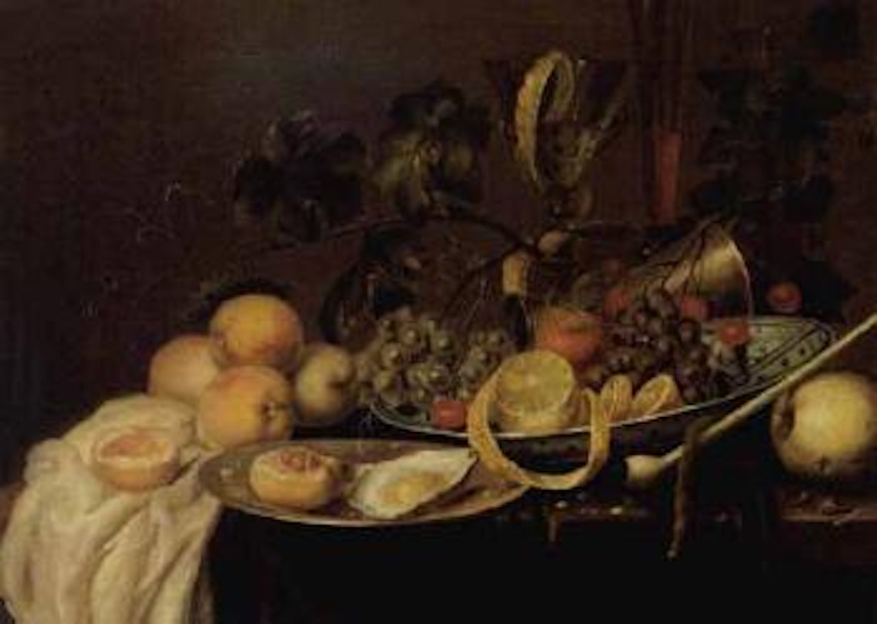 Still life with grapes, peeled lemon, orange and cherries on dish by Jan Davidsz de Heem