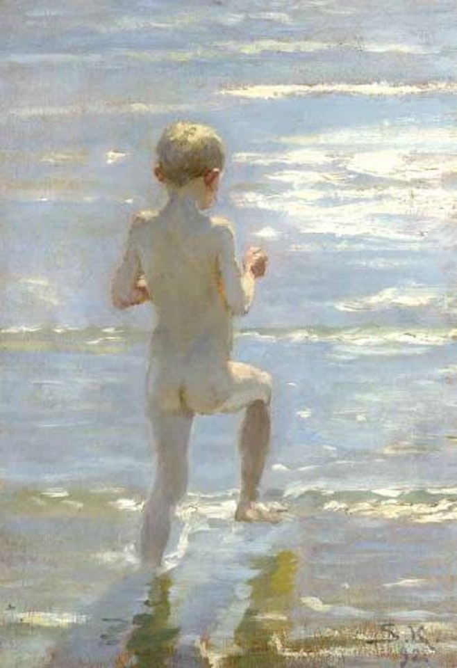 Nude boy seen from behind, running into the sea by Peder Severin Kröyer