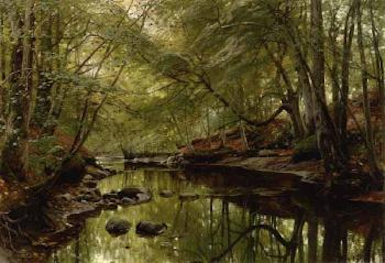 Beech trees reflecting in river by Peder Mork Monsted