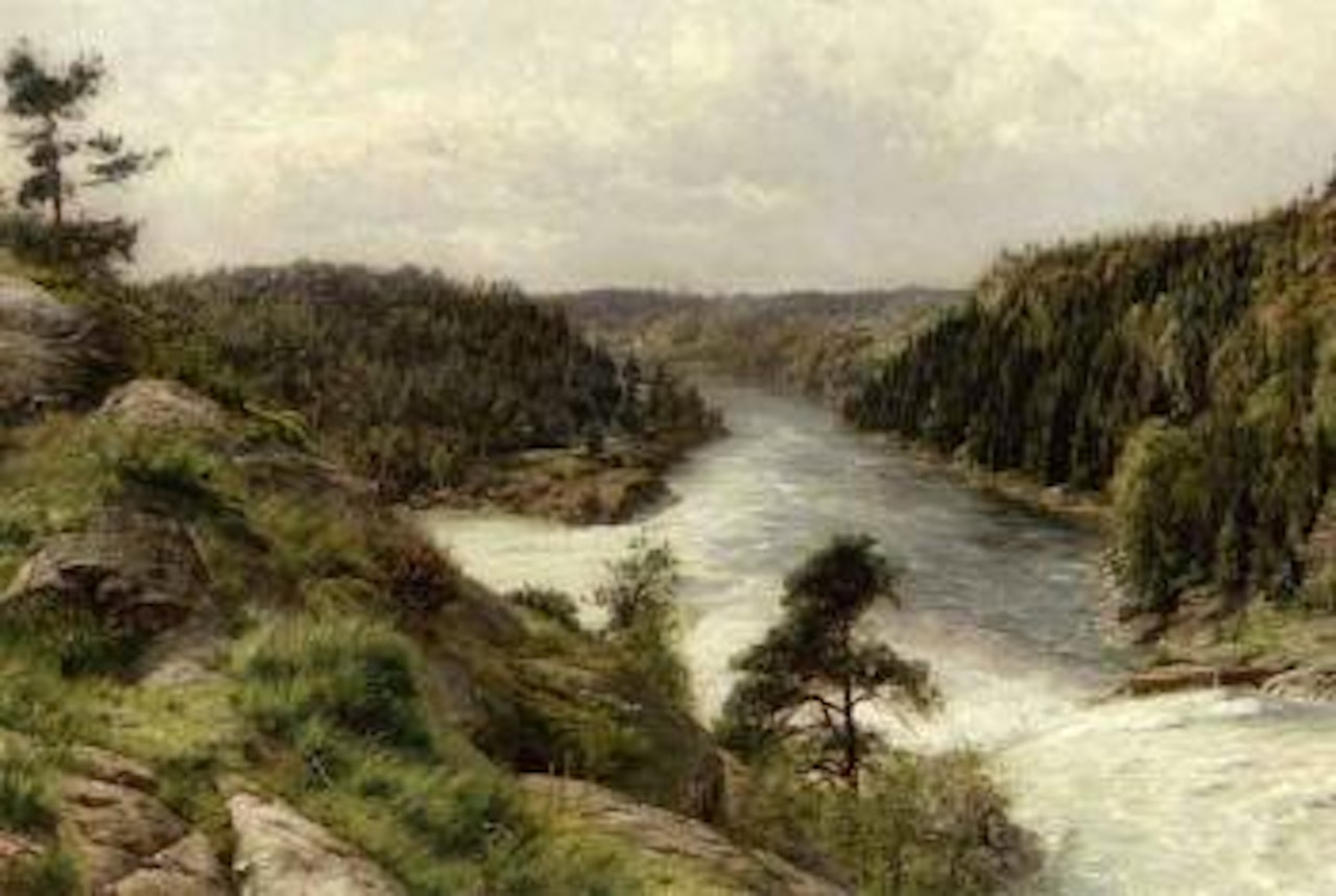 Troldhatten's waterfall seen from Hotel Udsigten by Peder Mork Monsted