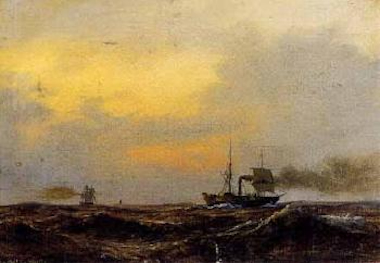 Seascape with vessels at sunset by Anton Melbye