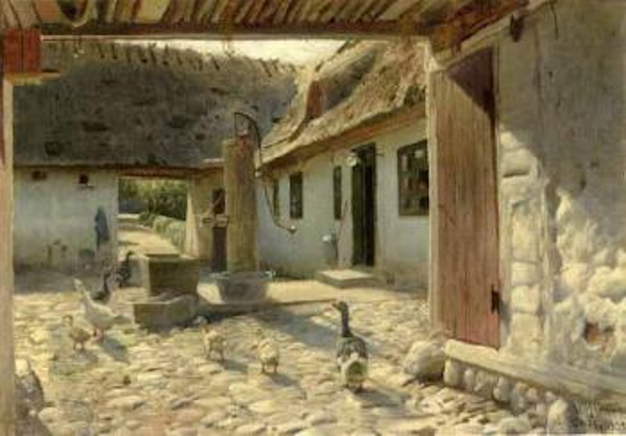 Sunlit farmyard with geese by Peder Mork Monsted