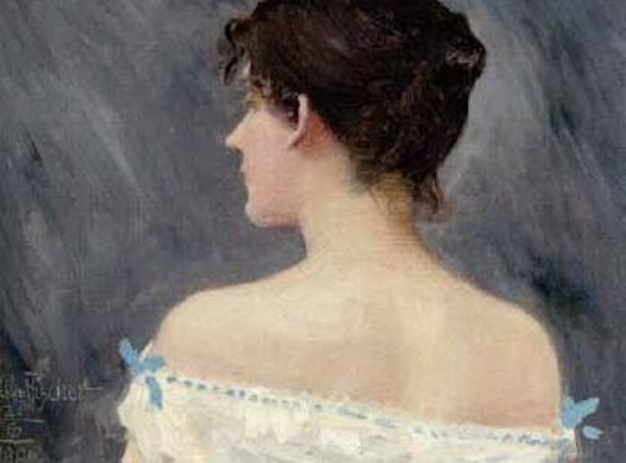 Young girl wearing low cut dress seen from behind by Paul Fischer