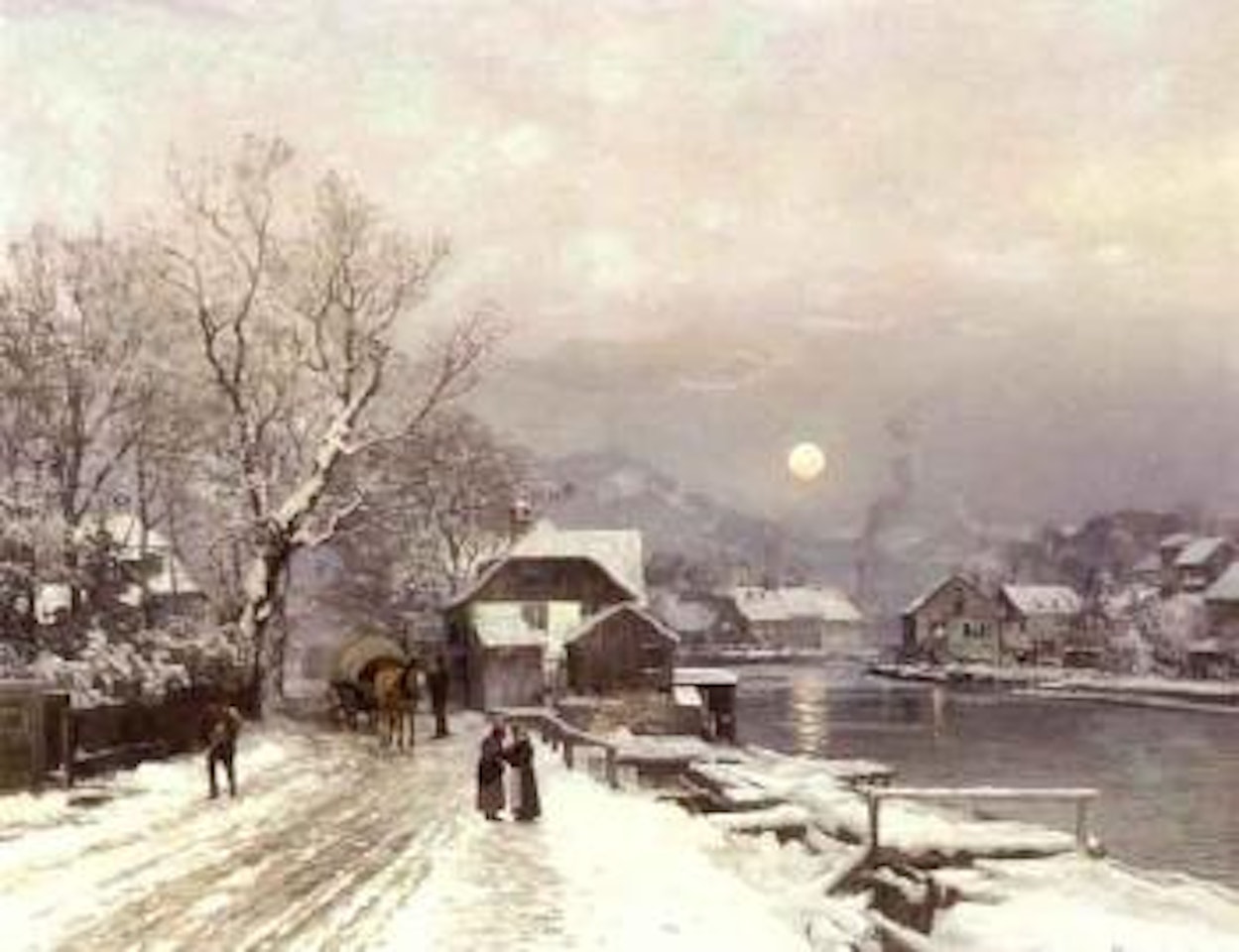 Town scene with figures by river in winter, Southern Germany by Anders Andersen-Lundby