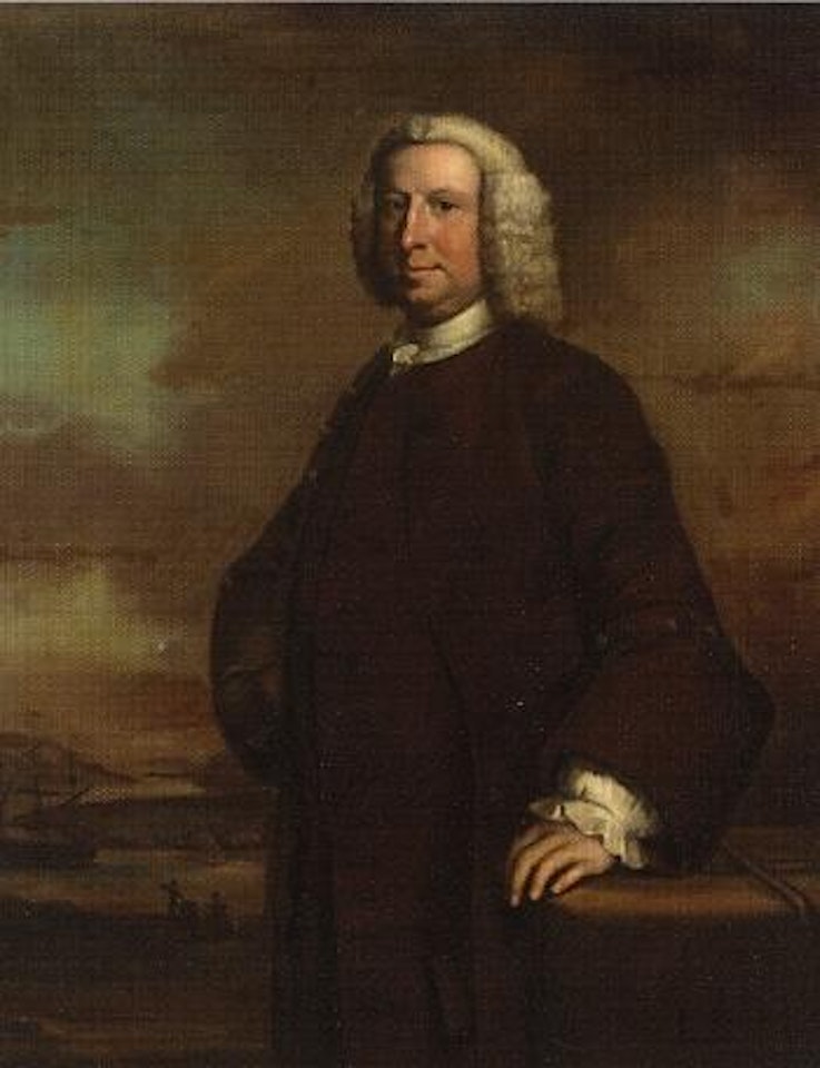 Portrait of gentleman wearing a brown coat and waistcoat, in a river landscape with a ship beyond by Thomas Hudson
