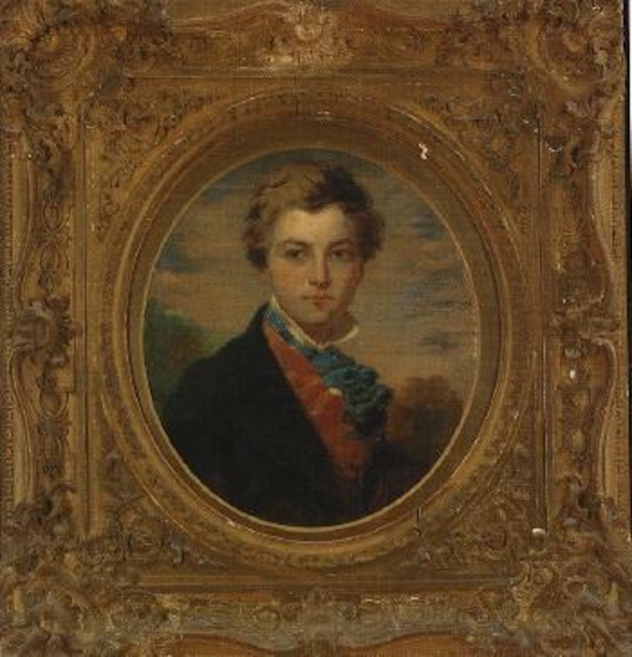 Portrait of boy in a brown coat, red waiscoat and blue spotted cravat by English School