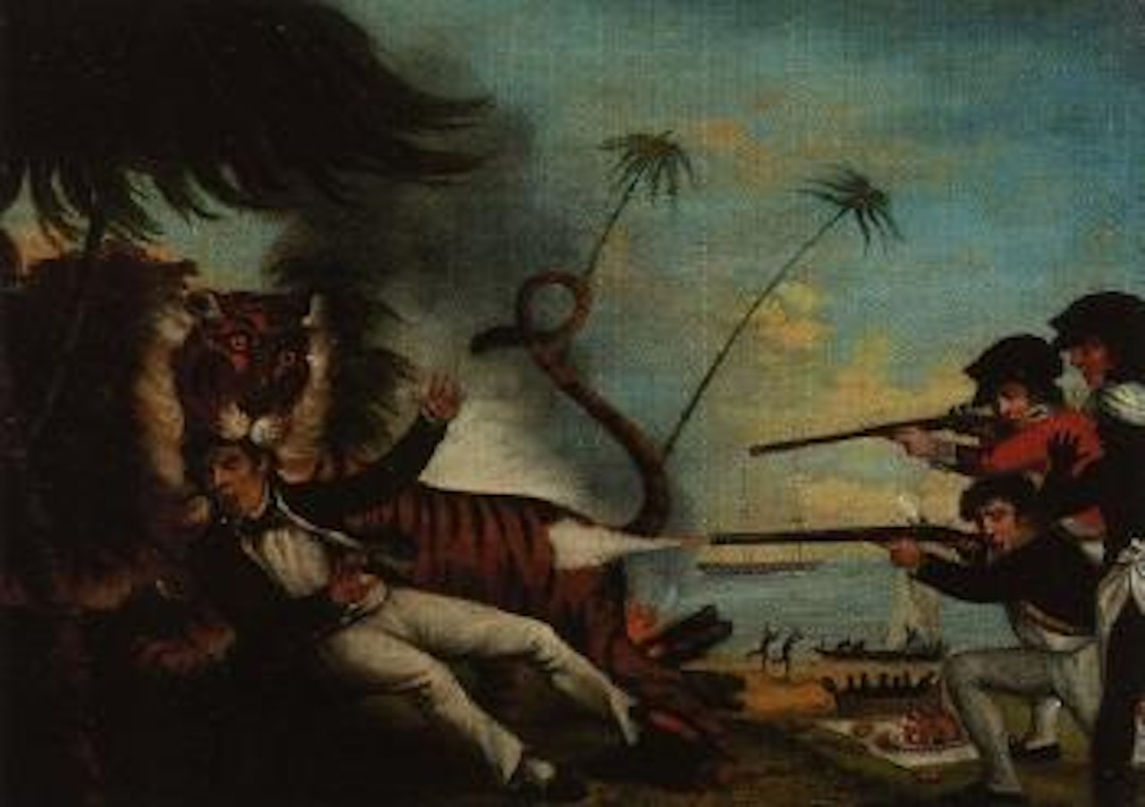 Tiger attacking a sailor on a tropical island by English School