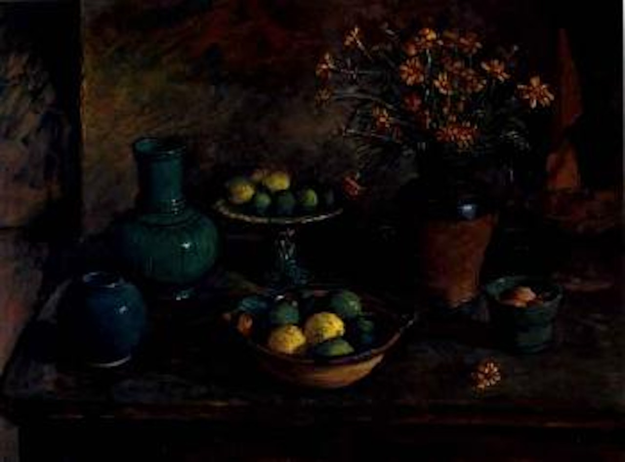 Still life of celadon, lemons and limes by Margaret Hannah Olley