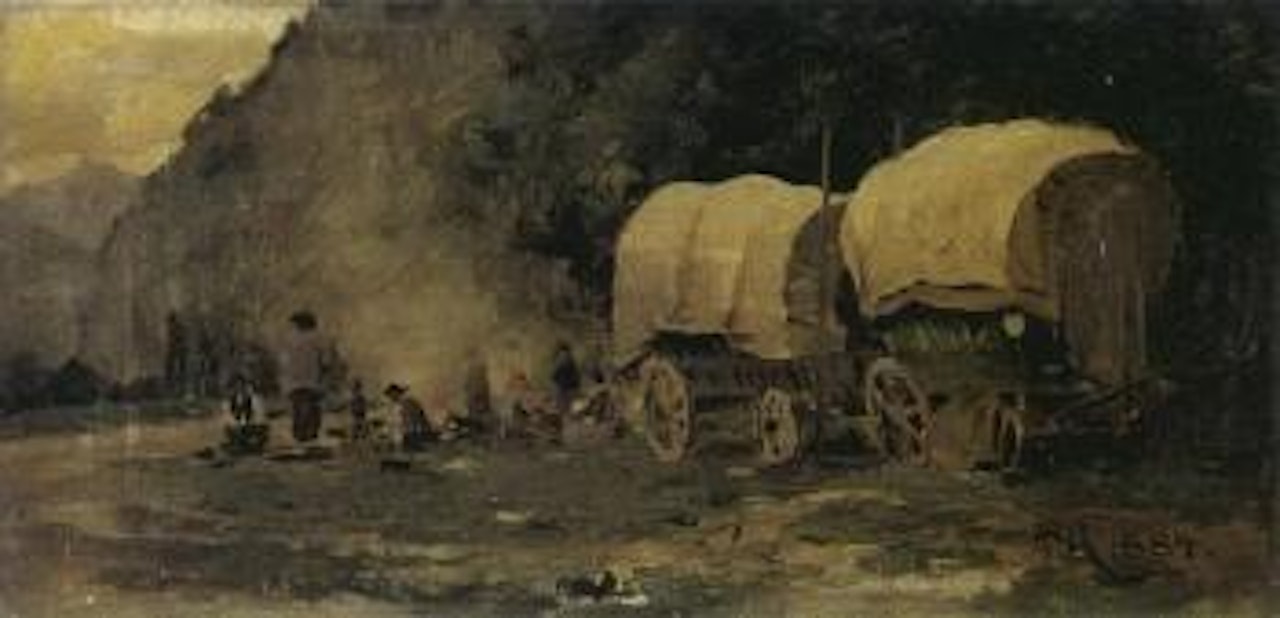 Travellers resting by the open fire by Peder Mork Monsted
