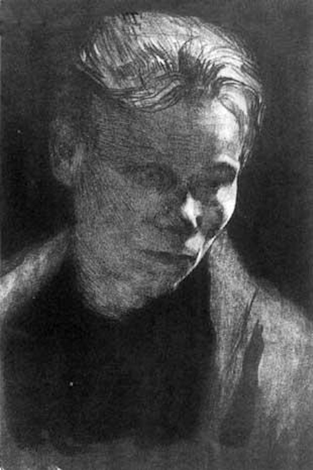 Portrait of woman with blue scarf by Kathe Kollwitz