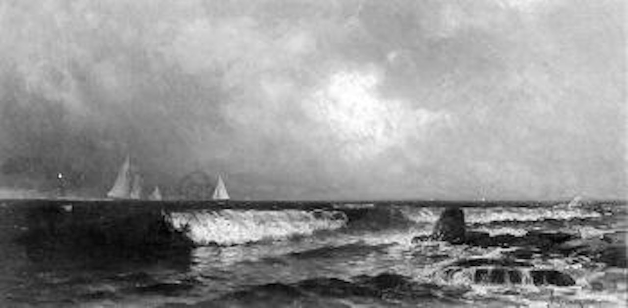 Sailing vessels off rocky coast by Alfred Thompson Bricher