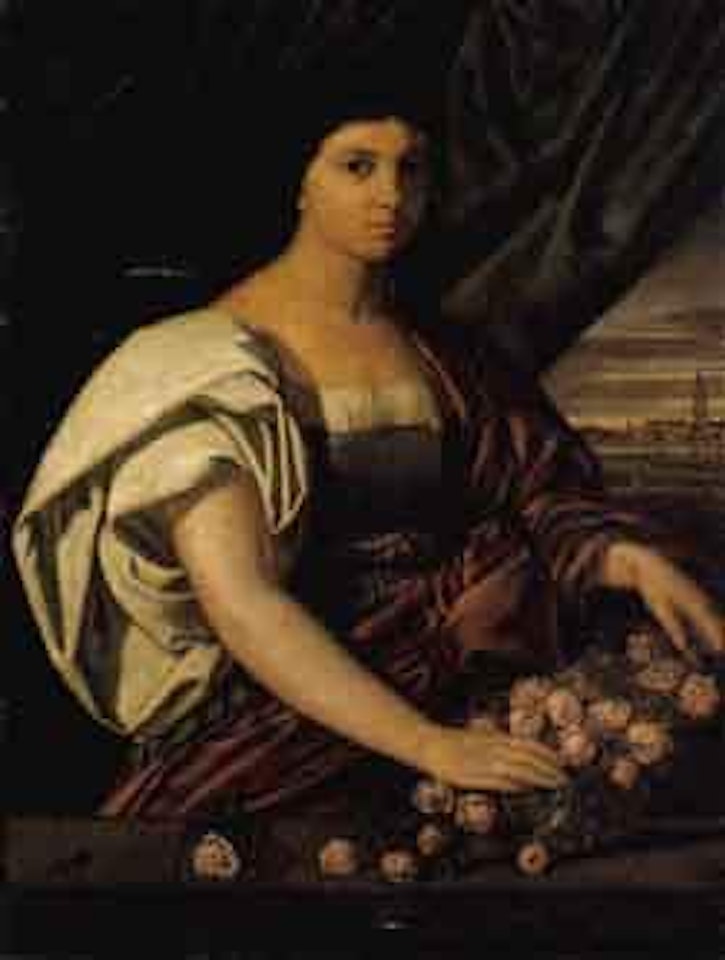 Young lady with roses in a landscape, Venetian capriccio beyond by Venetian School