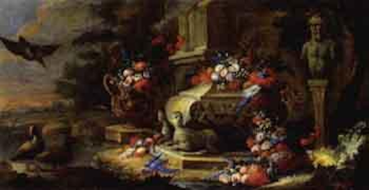 Flowers and birds in a palace garden by Gasparo Lopez