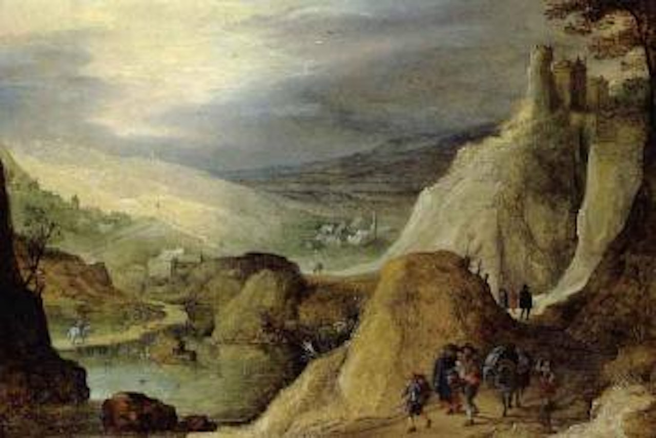 Mountainous landscape with travellers by Jan Brueghel by Joos de Momper the Younger