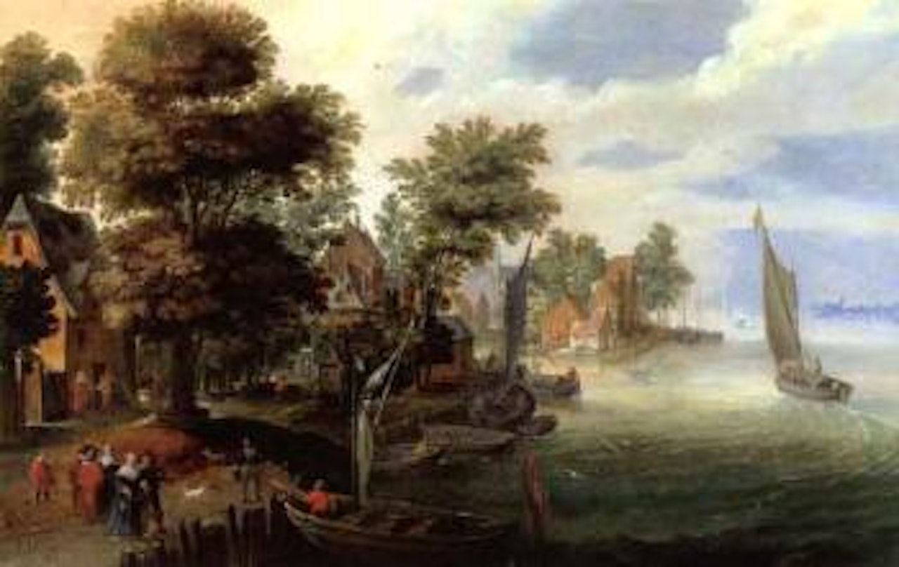 Village by a river with boats and many figures by Jan Brueghel the Younger