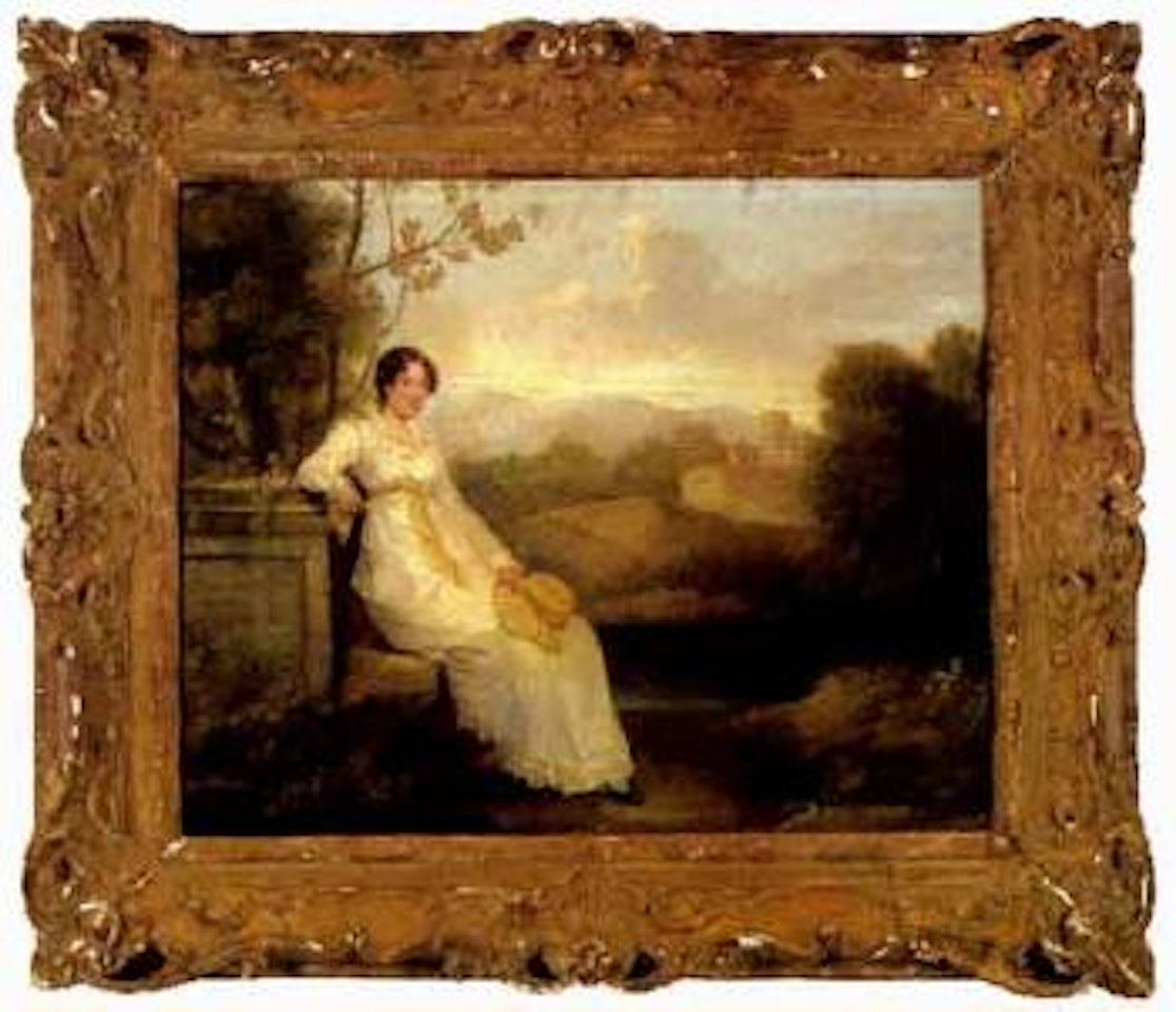 Lady resting beside a monument in a landscape by French School