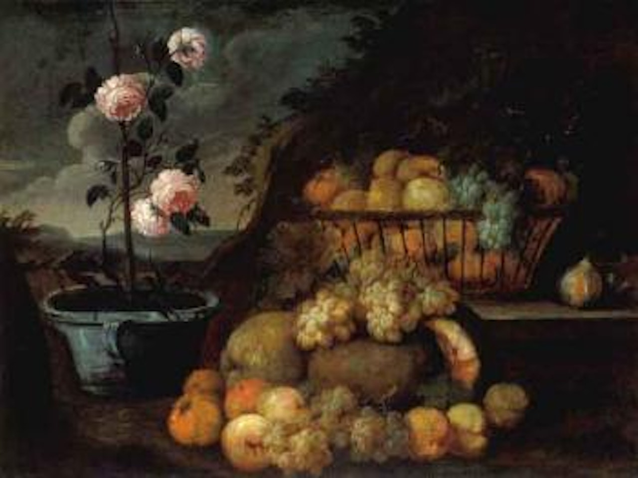 Still life of fruit, clay vessel and rose bush in a landscape by Abraham Brueghel