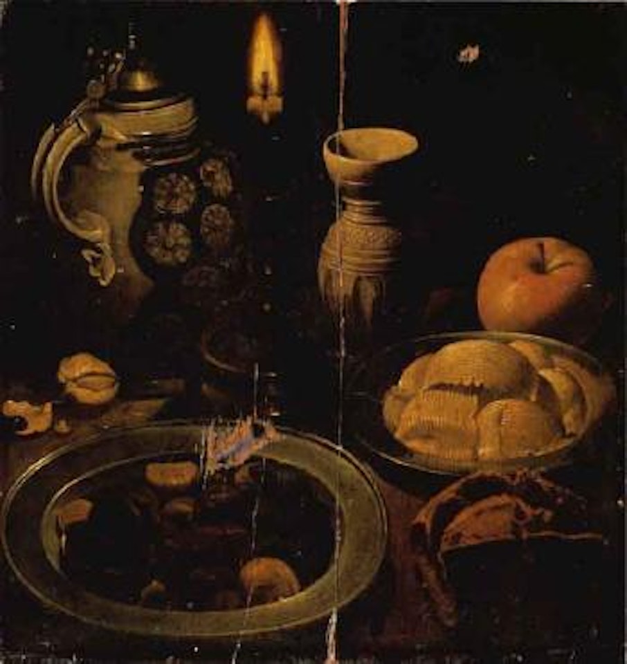 Still life of nuts, butter, bread, apples and two clay jugs by Gotthardt de Wedig