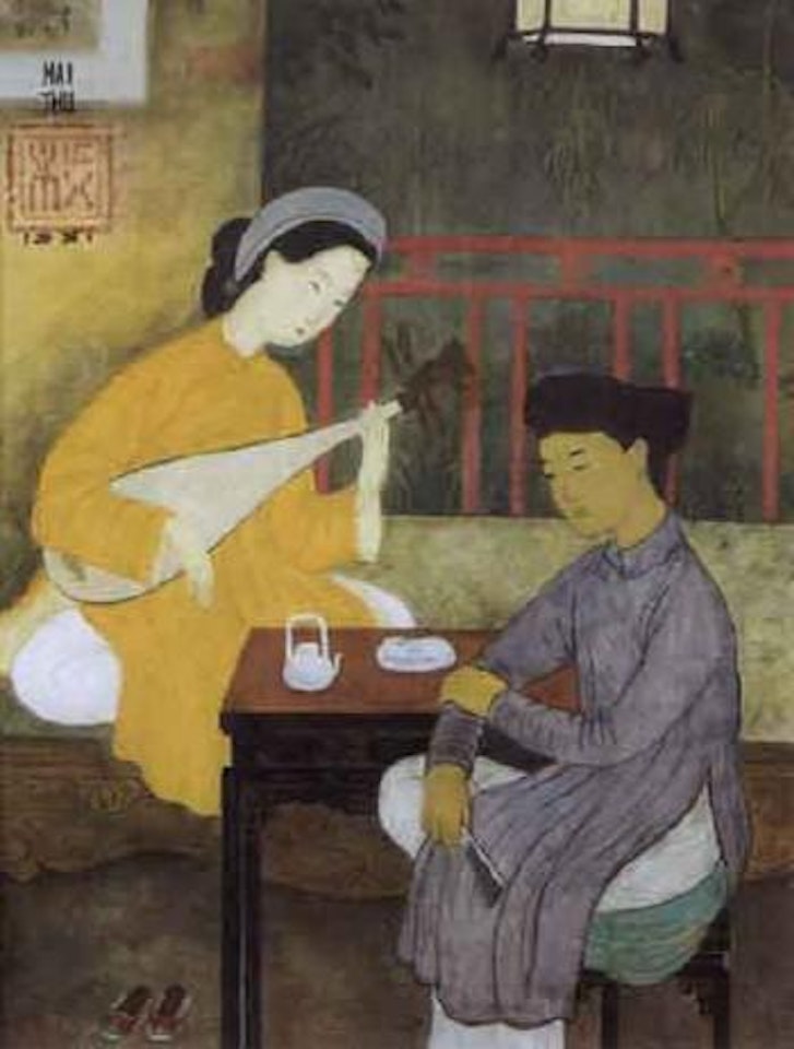 Girl playing the lute and a Mandarin scholar in an interior by Mai Trung Thu