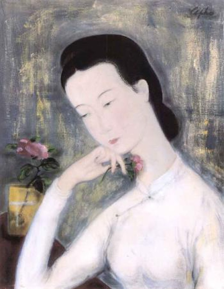 Girl in white holding a pink rose by Le Pho