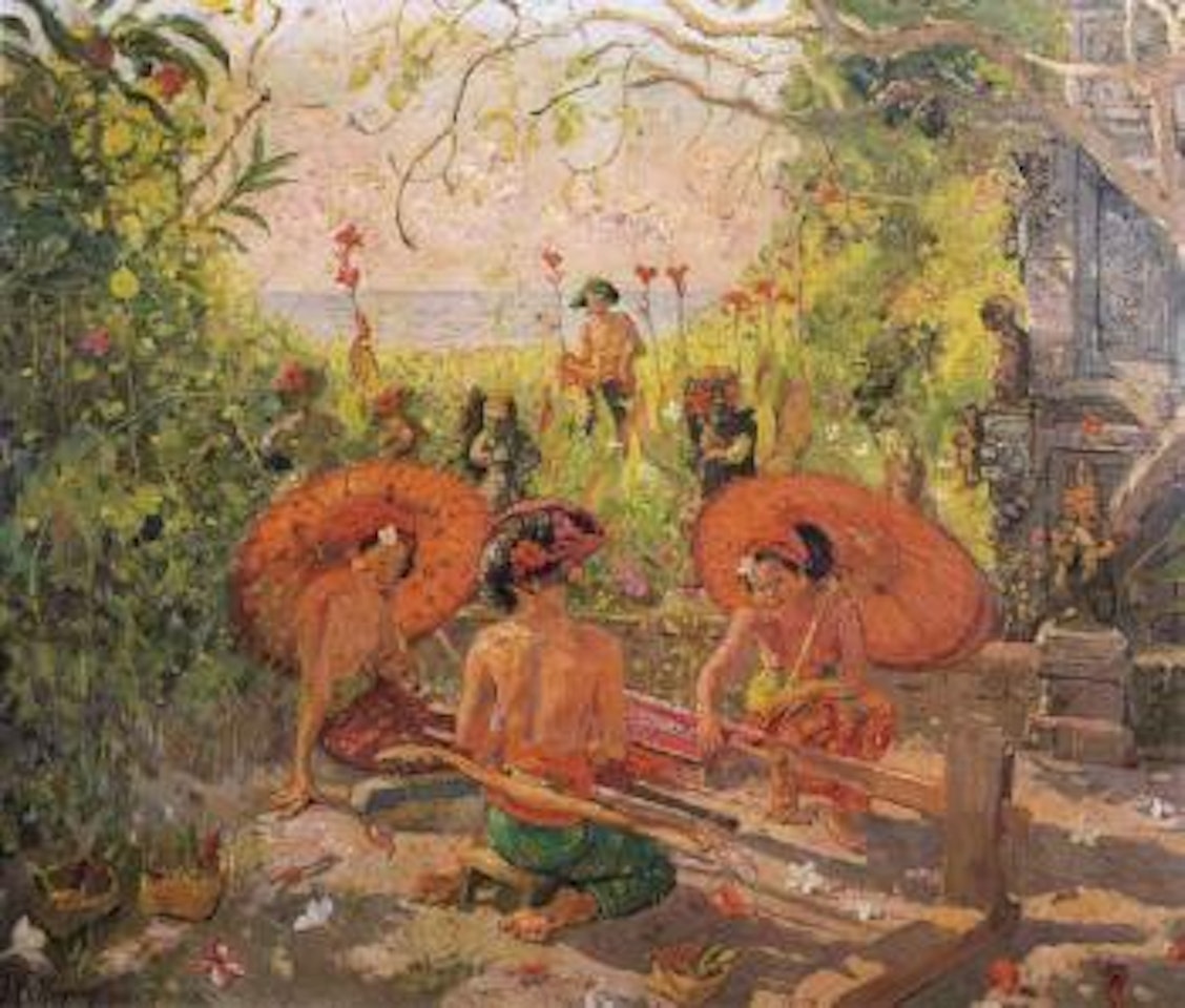 Balinese women weaving in the garden, Sanur, Bali by Adrien Jean le Mayeur