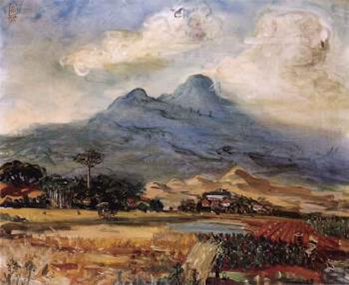 Extensive Indonesian landscape with labourers in the filed by Sindutomo Sudjojono