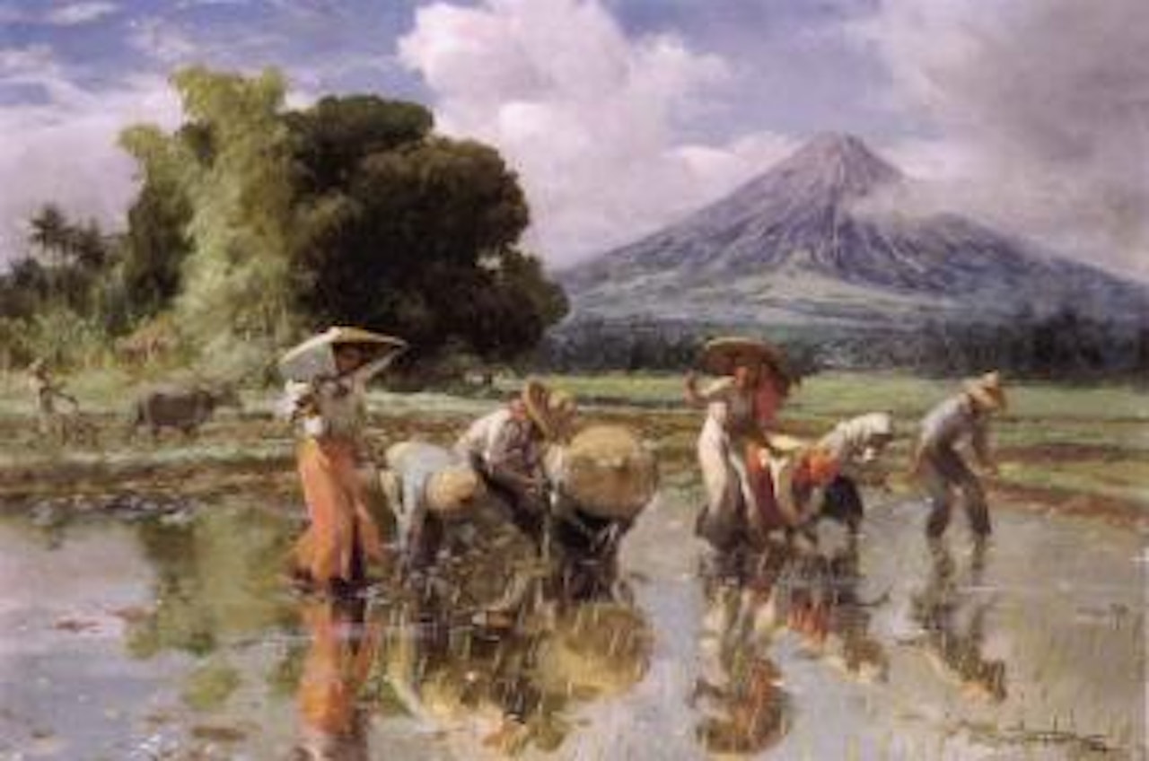 Women working in a field, a volcano in the background by Fernando Amorsolo