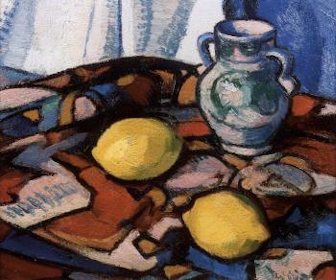 Lemons and a pottery vase on a draped table by Samuel John Peploe