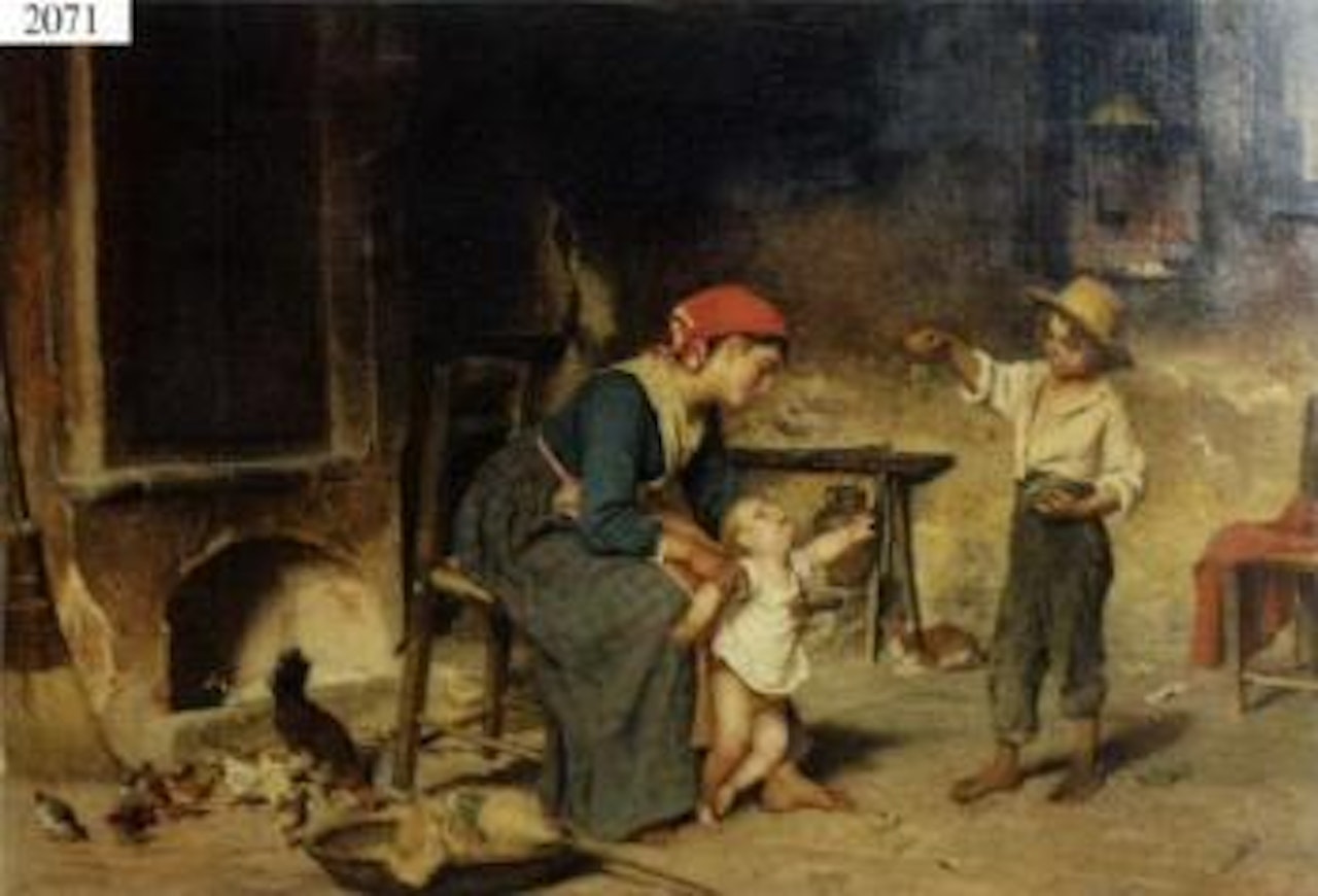 Mother and child with boy holding grapes, in an interior by Luigi Bechi