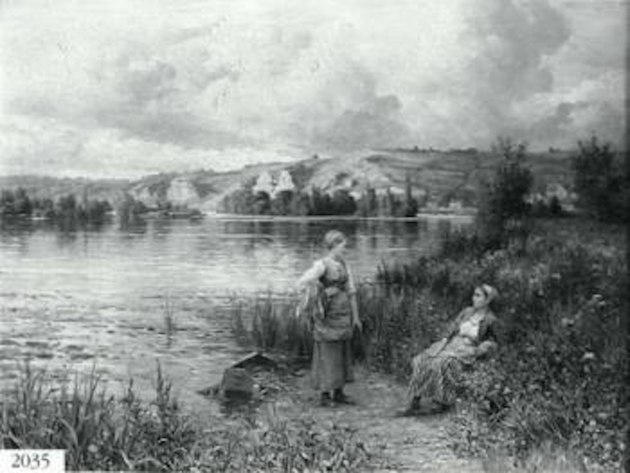 French river landscape. Two women in flowered landscape by a river by Louis Aston Knight