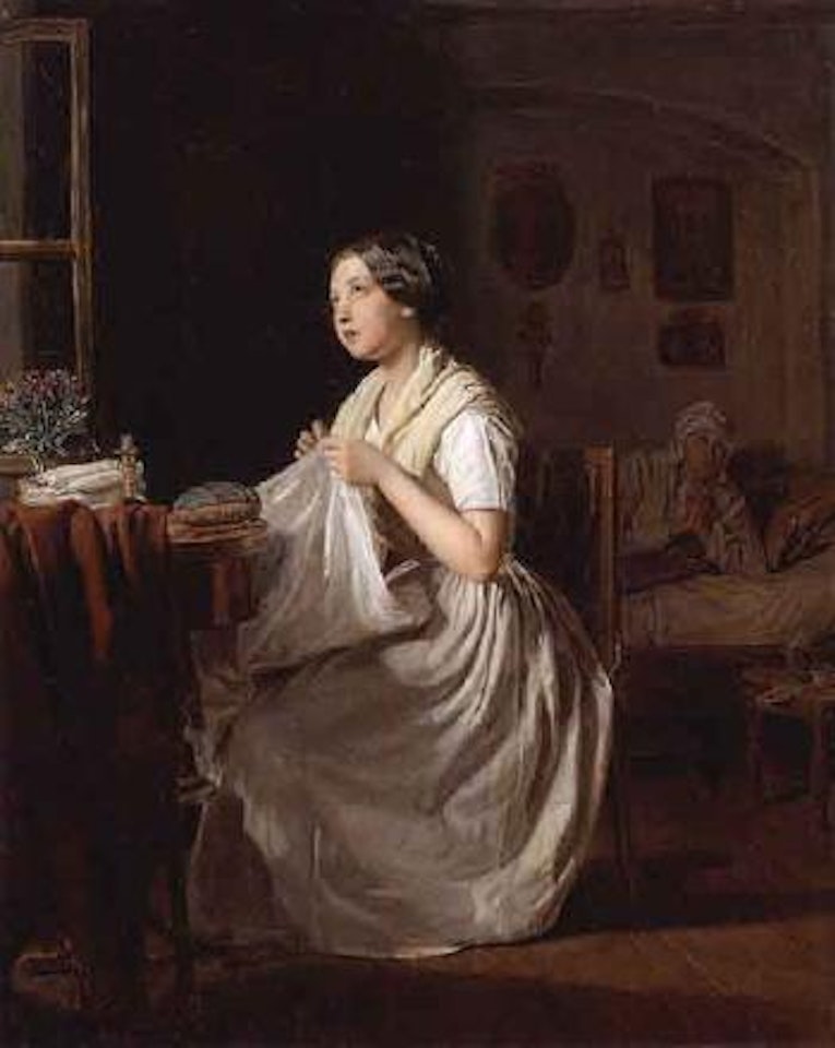 Young girl sewing, her mother in bed in the background by Ferdinand Georg Waldmüller