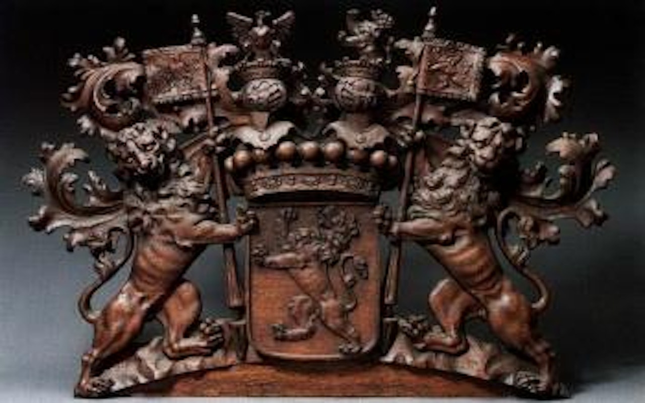 Rampant lion and lion supporters holding standards by French School