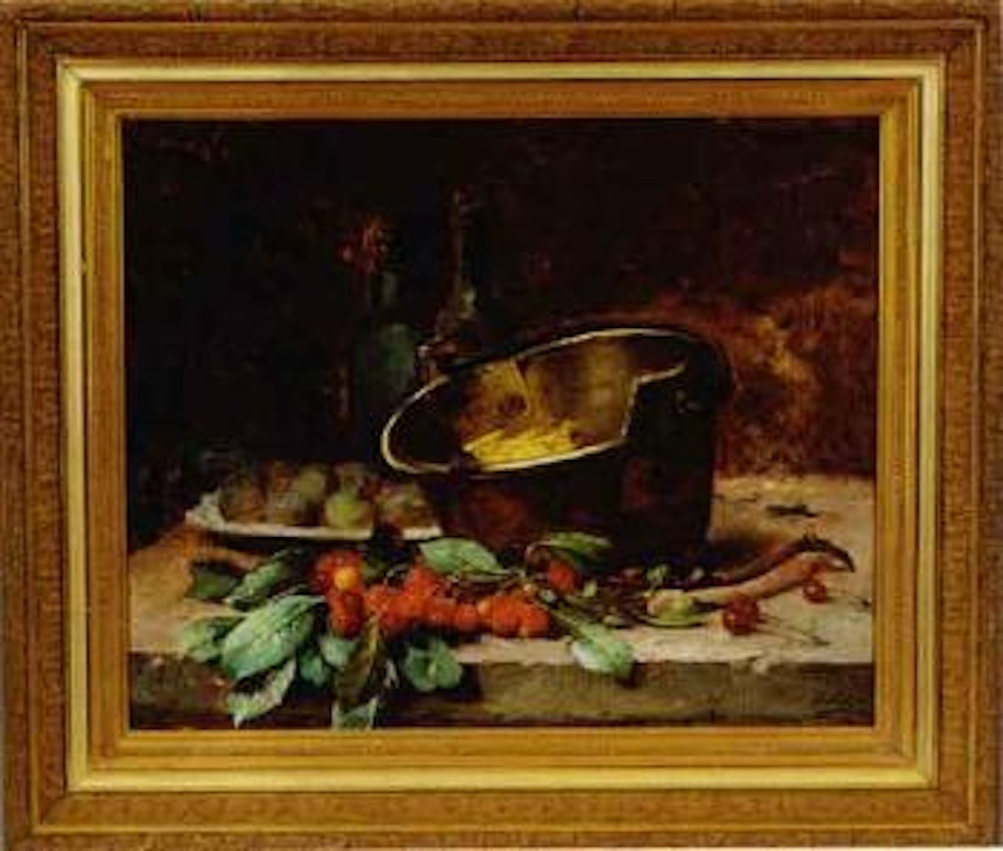 Still life with cherries, apples, bottles and pot by French School
