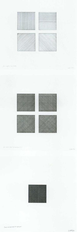 Four varieties of line direction. Four variations using three superimposed lines. Drawing by Sol LeWitt