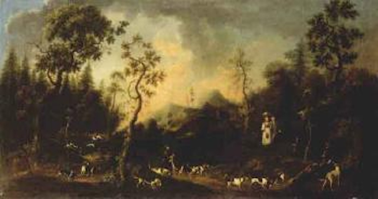 Wooded landscape with hunting party by Continental School