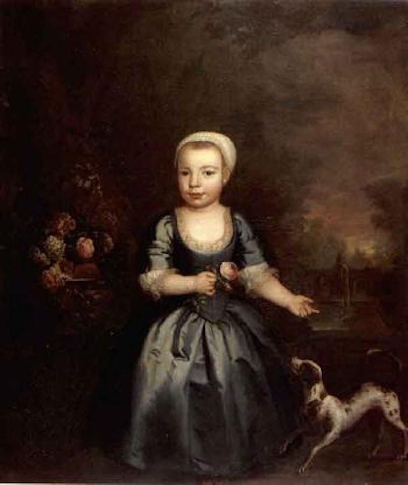 Portrait of girl, standing in a park, wearing a blue satin dress by English School