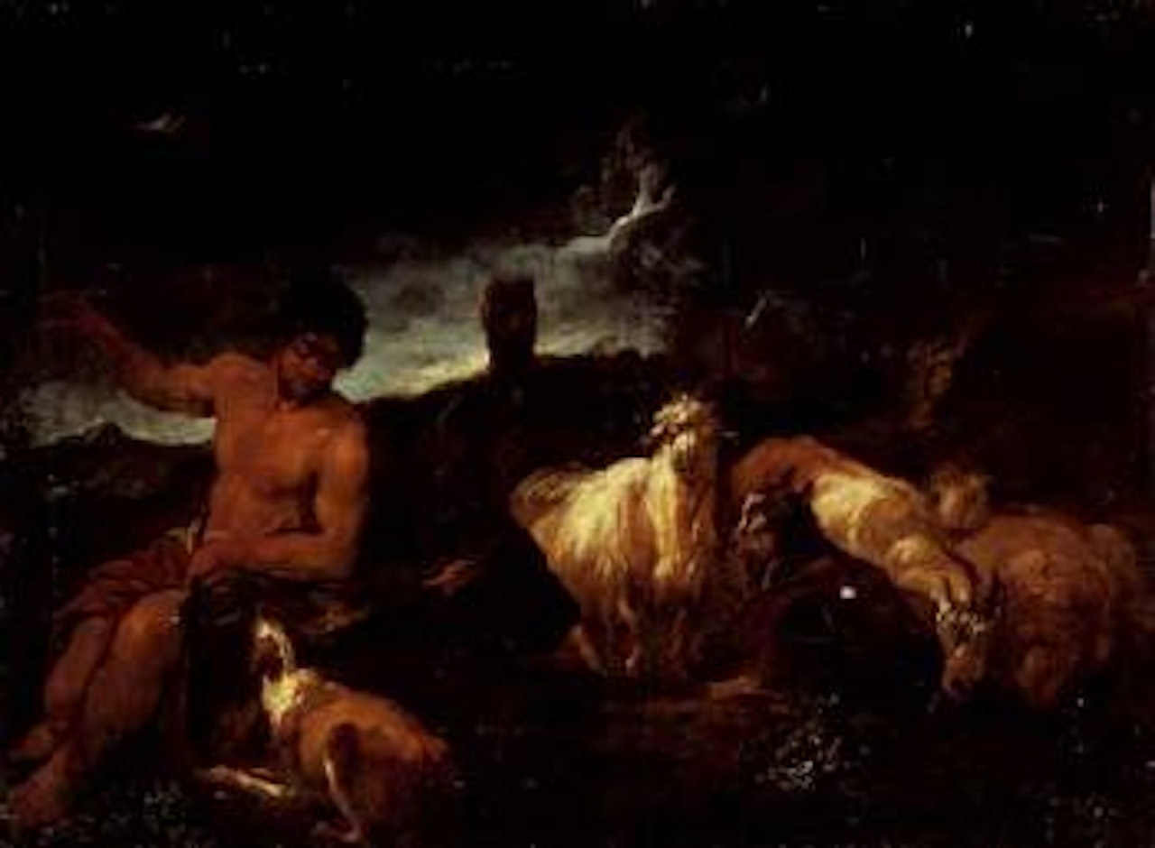 Goatherd with his livestock in stormy landscape, villa beyond by Philipp Peter Roos