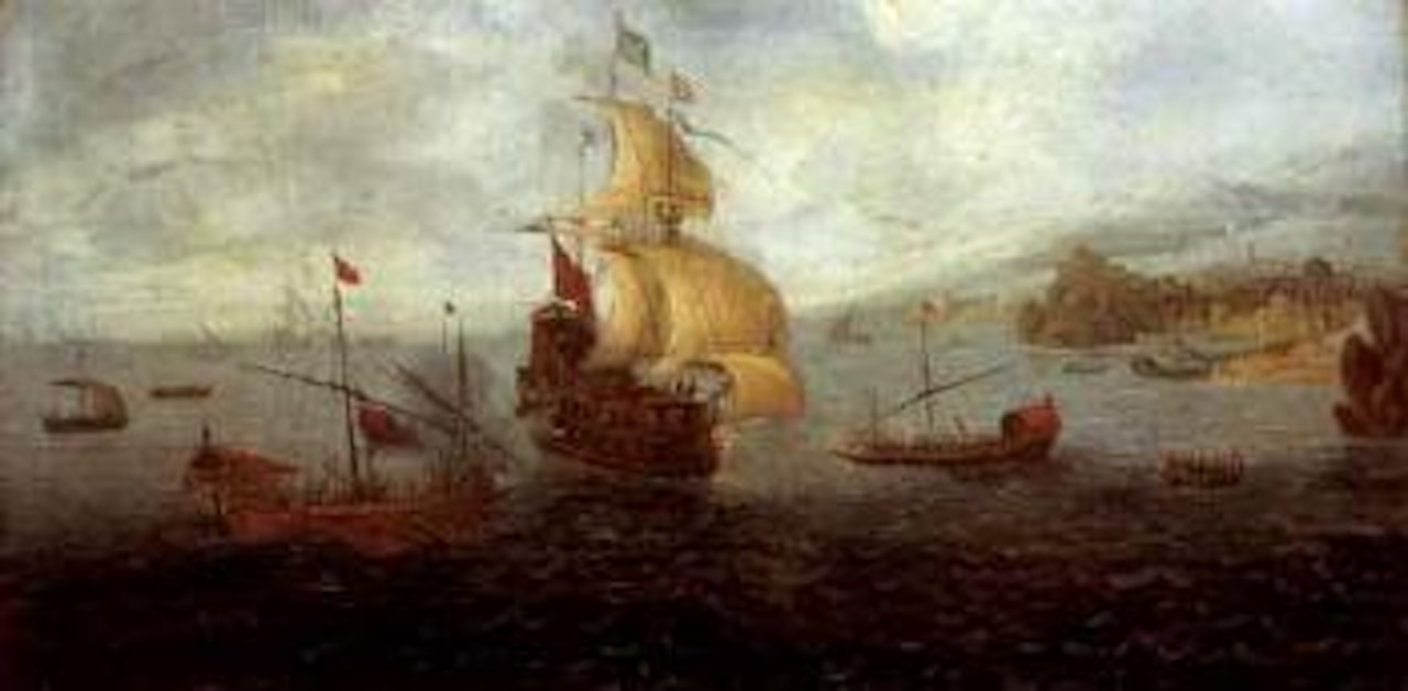 Galley frigate flanked by Ottoman state barges and men o war accompanied by Ottoman state barges by Dutch School