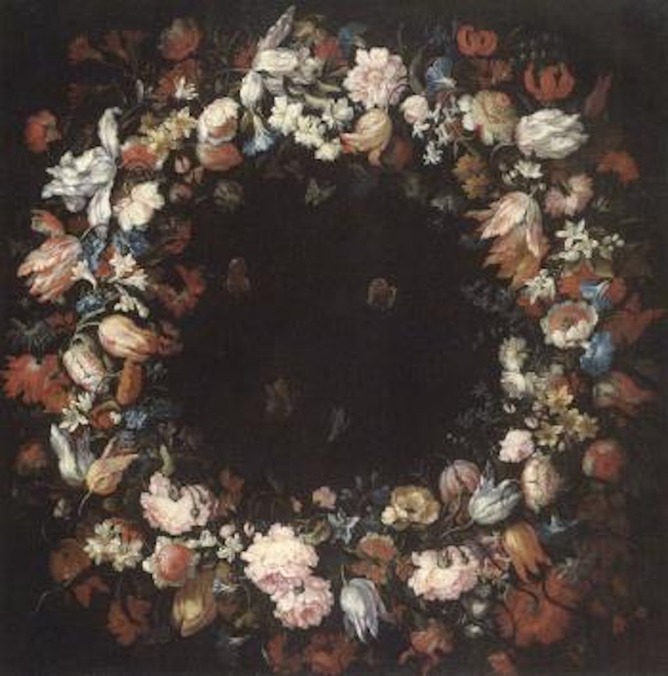 Garland of mixed flowers encircling butterflies and a dragonfly by Roman School