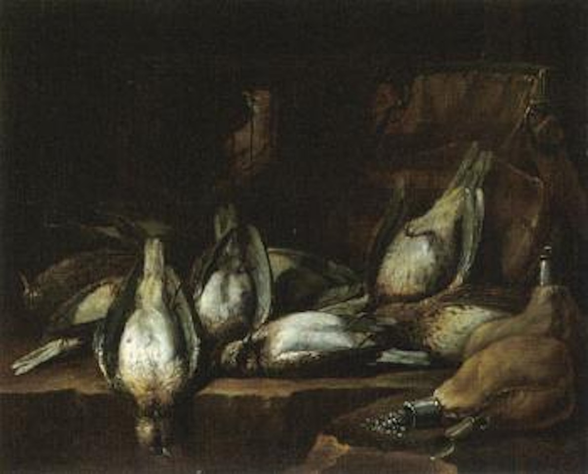 Still life game with a caged bird in a larder by French School